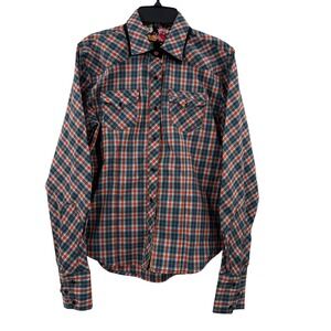 Womens Plaid Western Shirt Floral Trim Button Up‎ Long Sleeve Cowgirl Top Medium